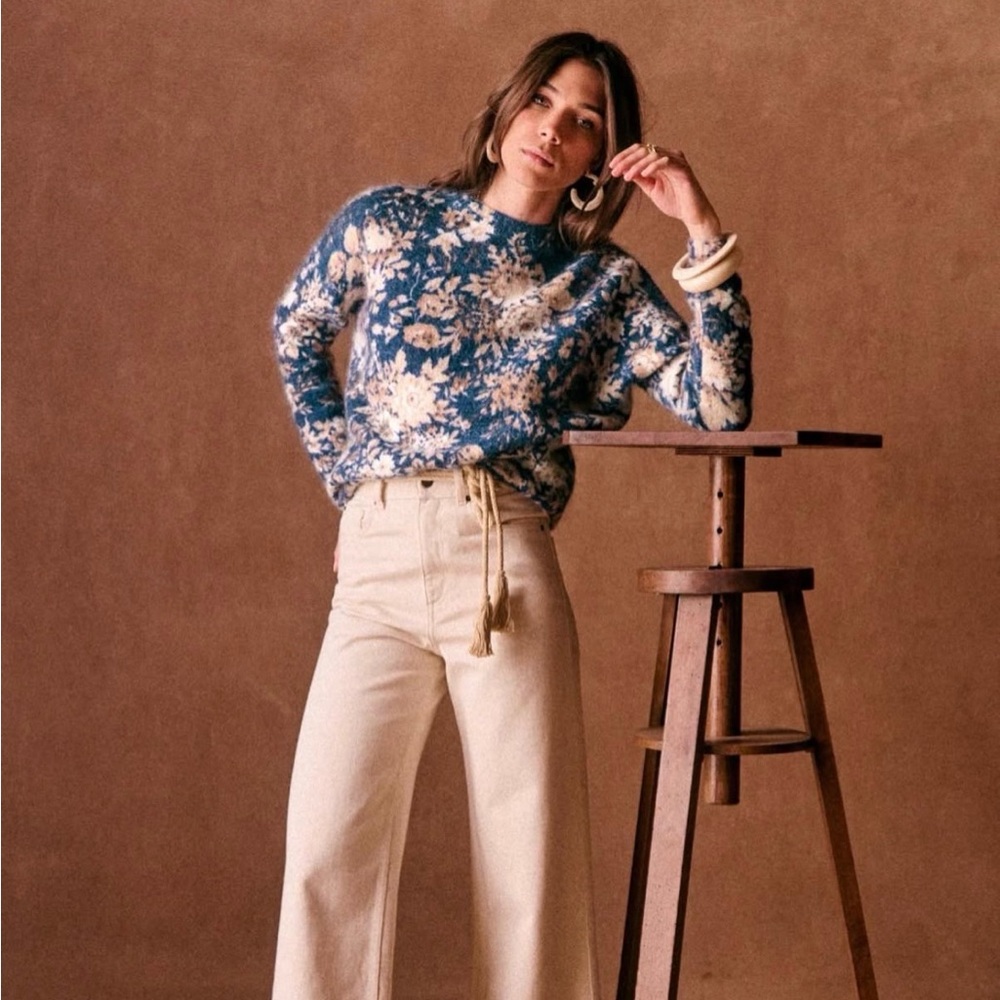 Sezane Blue and Cream Floral Crewneck Sweater - Picture 2 of 9